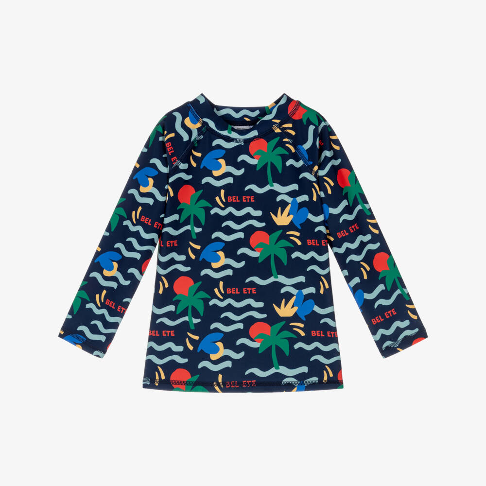 Petit Bateau-Boys Navy Blue Swim Top with Palm Tree Print (UPF50+) | Childrensalon