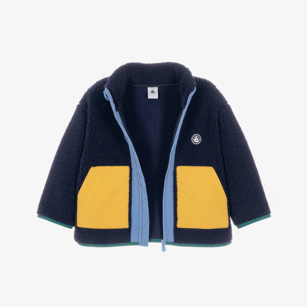 Petit Bateau-Boys Navy Sherpa Jacket with Yellow Pockets | Childrensalon