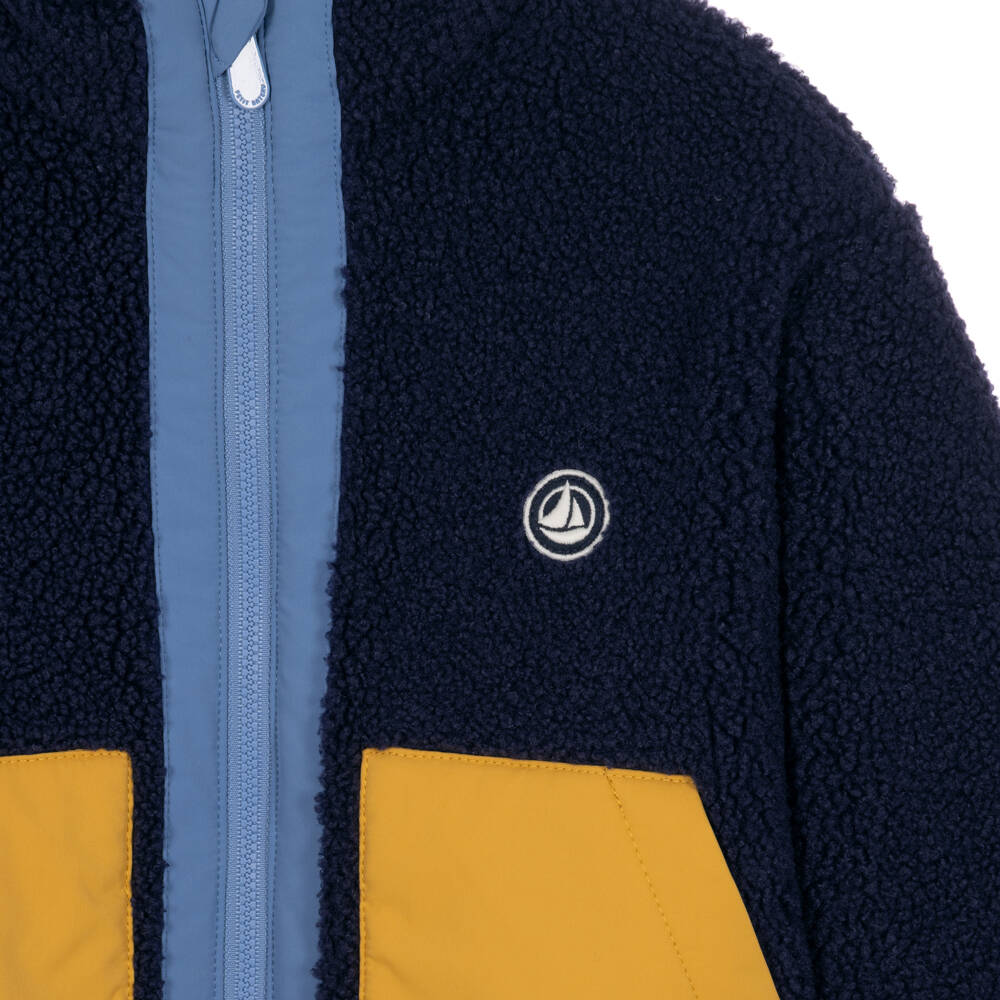 Petit Bateau-Boys Navy Sherpa Jacket with Yellow Pockets | Childrensalon