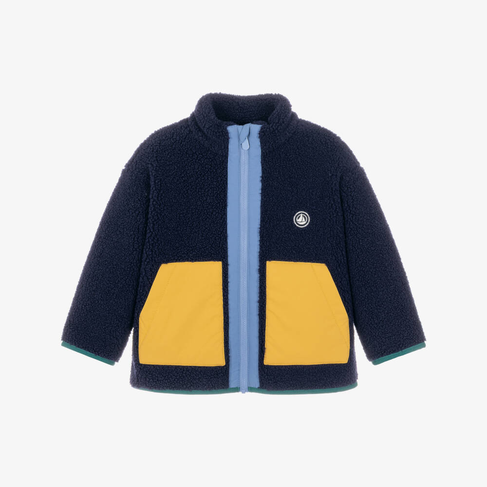 Petit Bateau-Boys Navy Sherpa Jacket with Yellow Pockets | Childrensalon