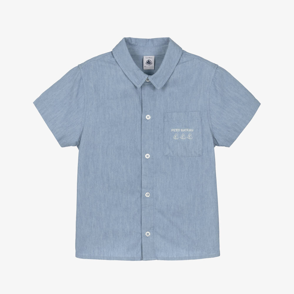 Petit Bateau-قميص شامبراي بشعار لون أزرق فاتح للأولاد | Childrensalon