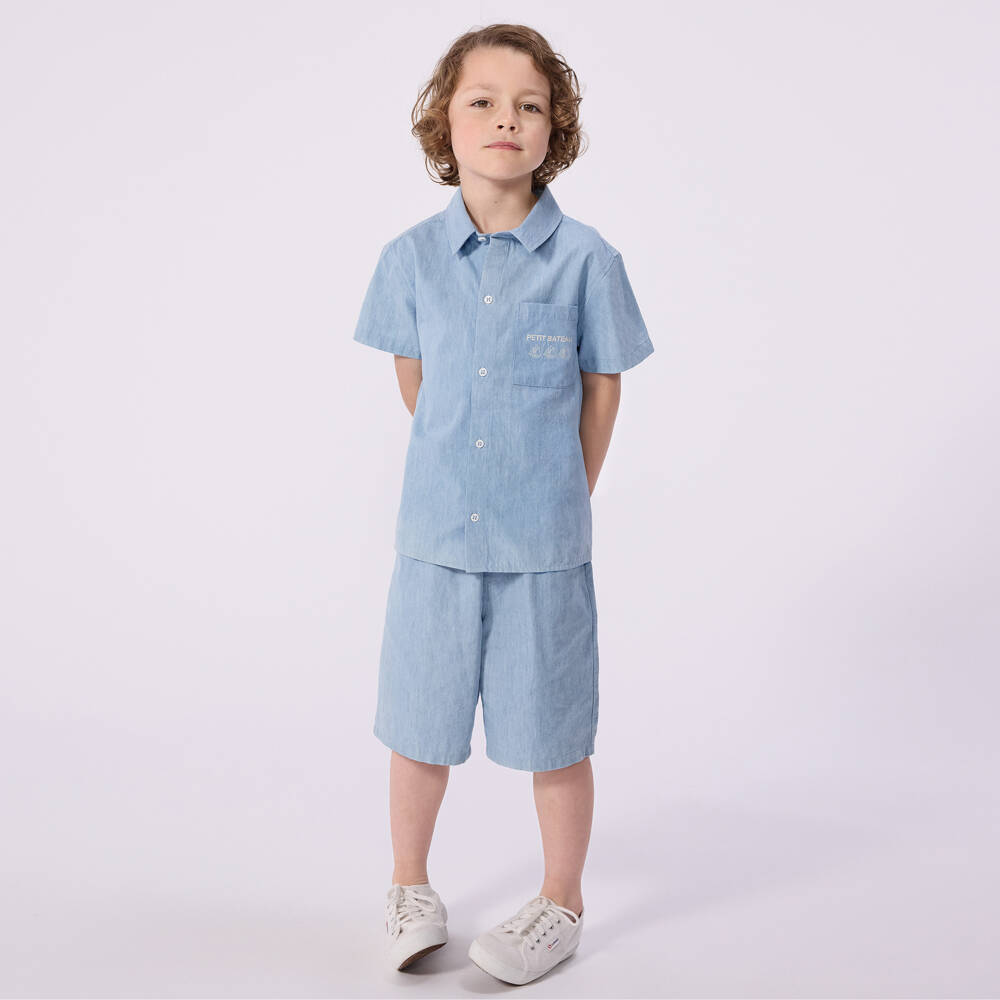 Petit Bateau-Boys Pale Blue Chambray Logo Shirt | Childrensalon