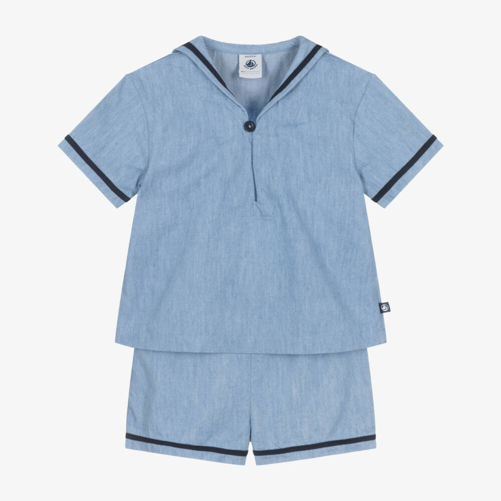 Petit Bateau-طقم شورت بتصميم بحار شامبراي لون أزرق فاتح للأولاد | Childrensalon