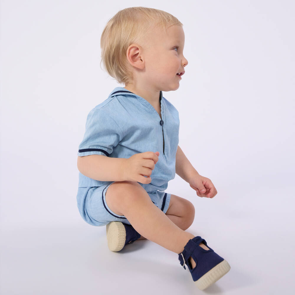 Petit Bateau-Boys Pale Blue Chambray Sailor Shorts Set | Childrensalon