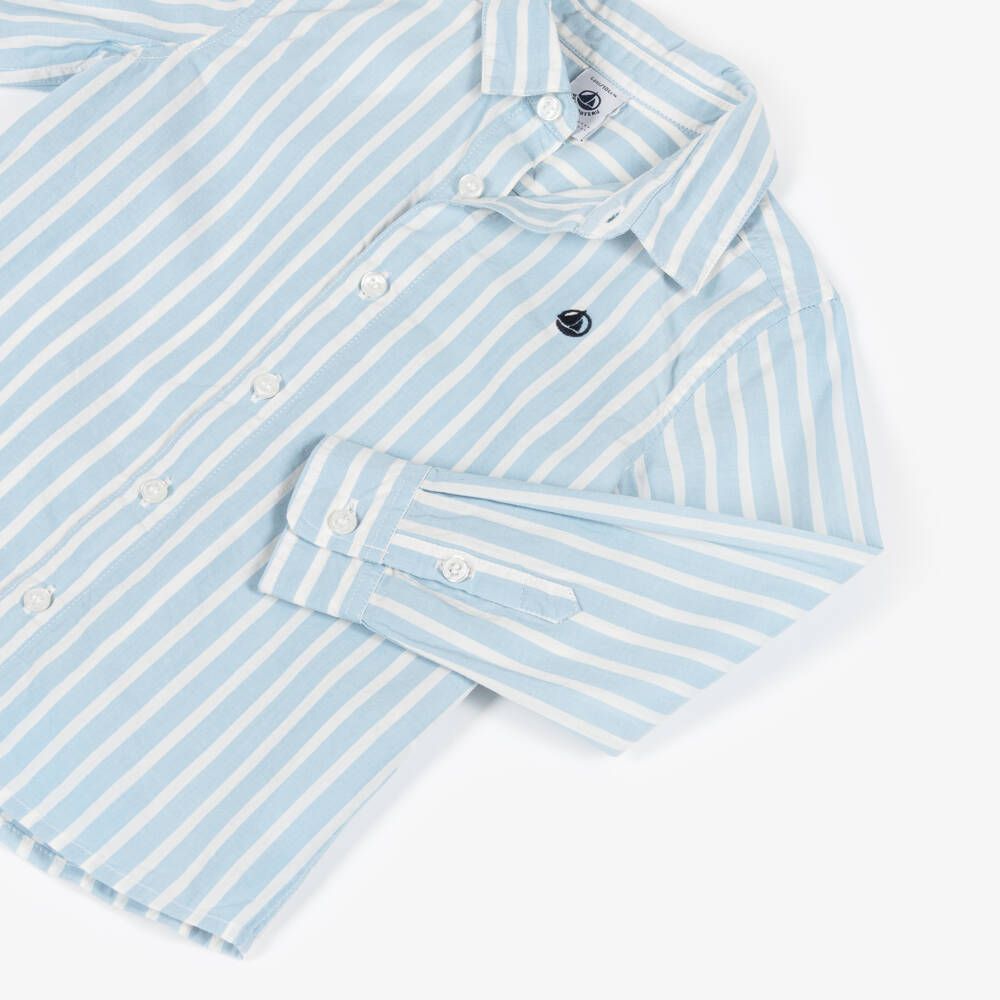 Petit Bateau-قميص بأكمام طويلة قطن مقلم لون أزرق فاتح للأولاد | Childrensalon