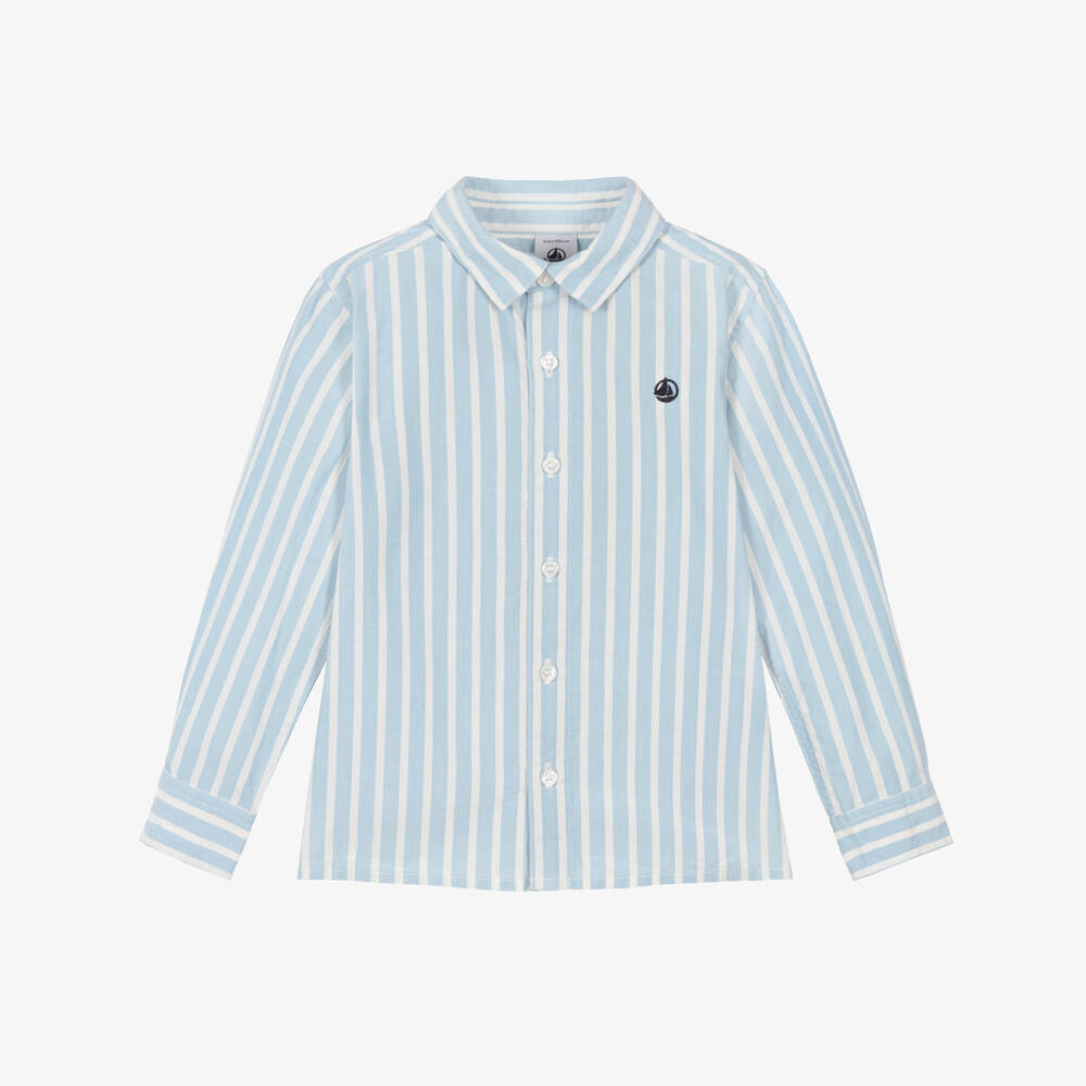 Petit Bateau-قميص بأكمام طويلة قطن مقلم لون أزرق فاتح للأولاد | Childrensalon