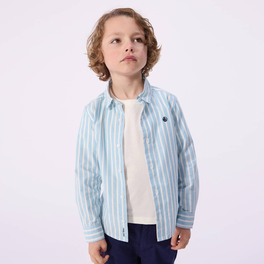 Petit Bateau-Boys Pale Blue Striped Cotton Long-Sleeved Shirt | Childrensalon