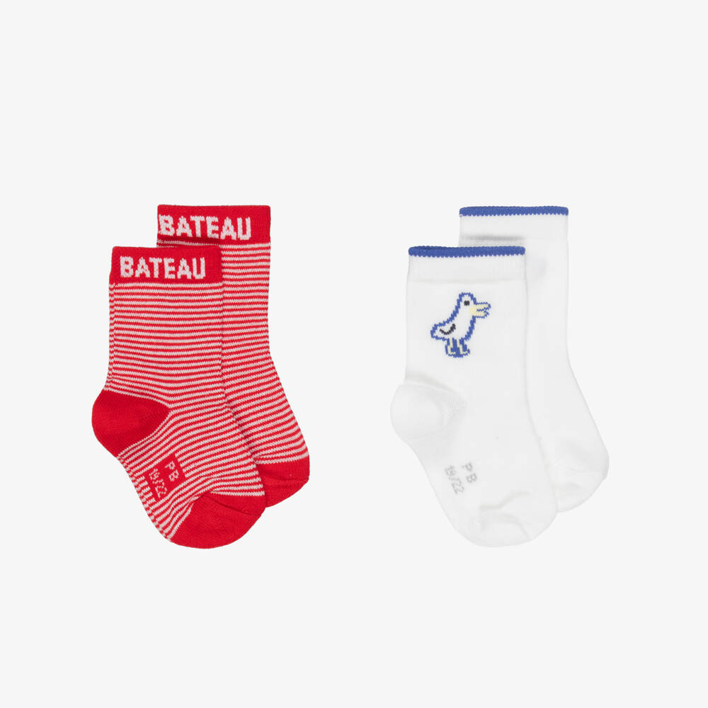 Petit Bateau-Boys Red Stripe & White Bird Motif Ankle Socks (2 Pack) | Childrensalon