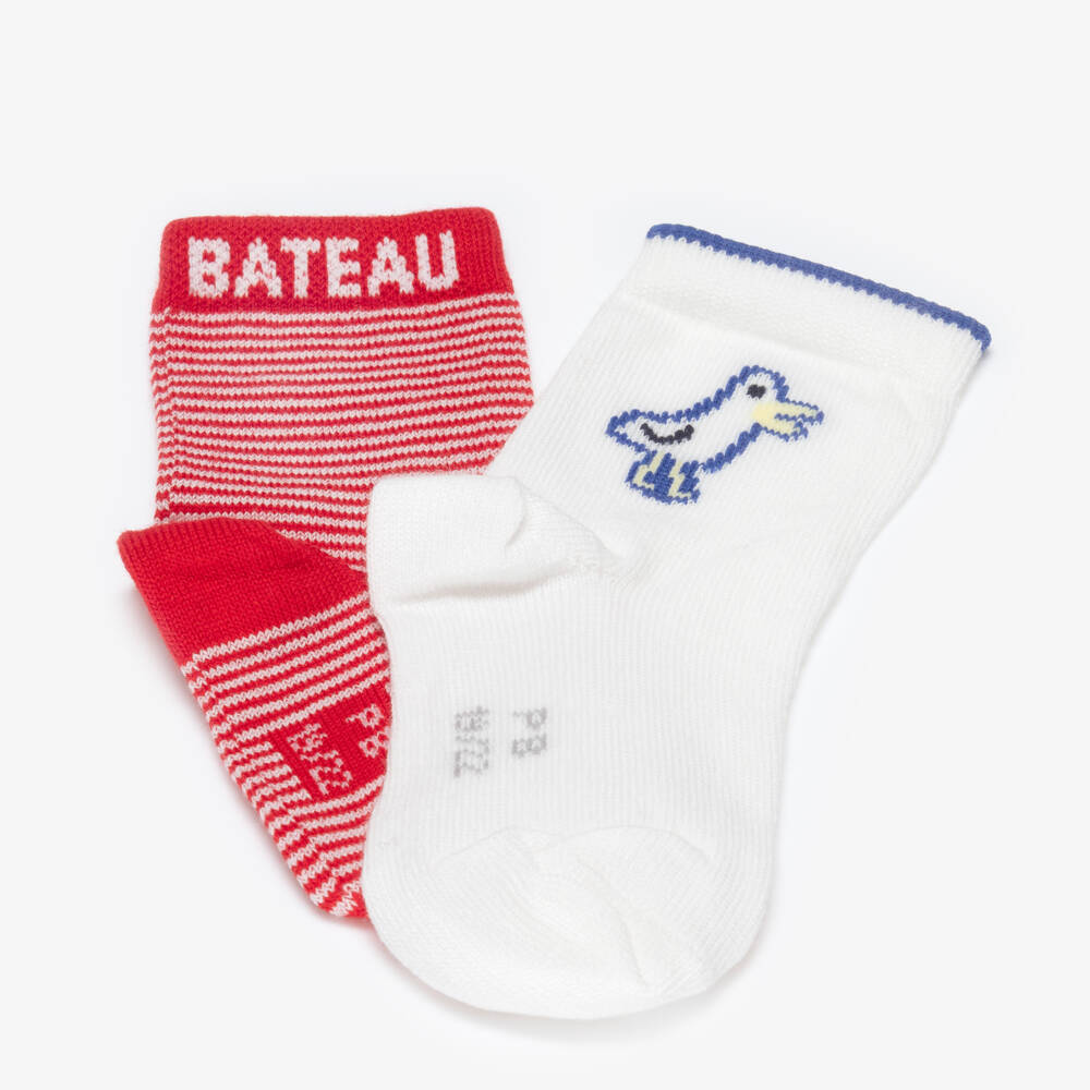Petit Bateau-Boys Red Stripe & White Bird Motif Ankle Socks (2 Pack) | Childrensalon