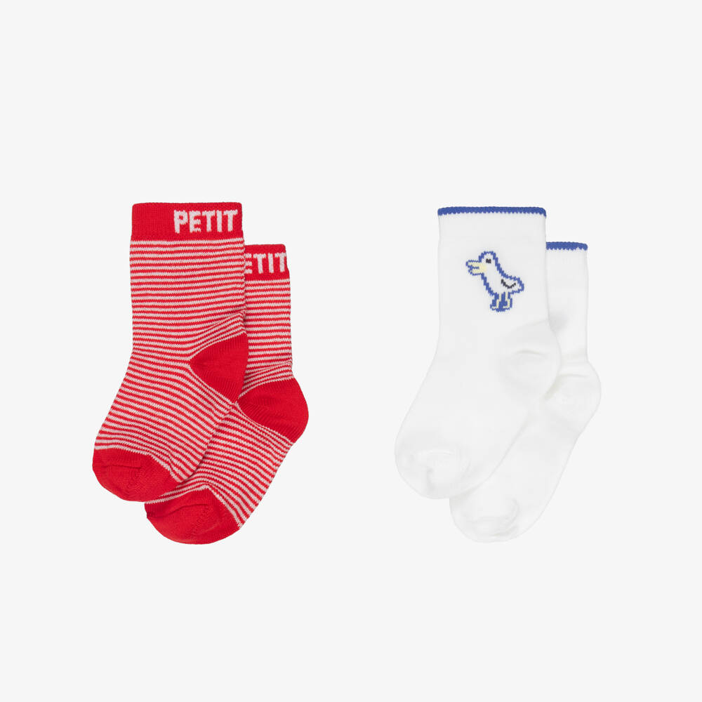 Petit Bateau-Boys Red Stripe & White Bird Motif Ankle Socks (2 Pack) | Childrensalon