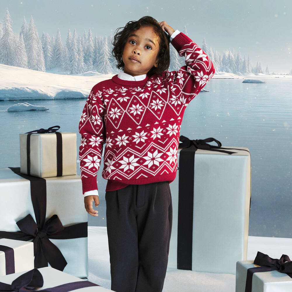 Petit Bateau-Boys Red Wool & Cotton Knit Festive Fair Isle Sweater | Childrensalon