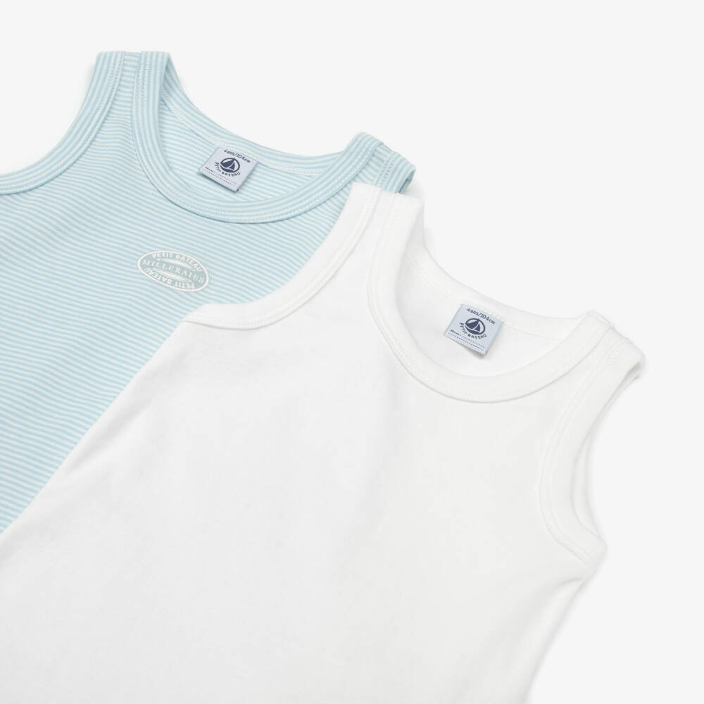 Petit Bateau-Boys White & Blue Striped Cotton Vests (2 Pack) | Childrensalon