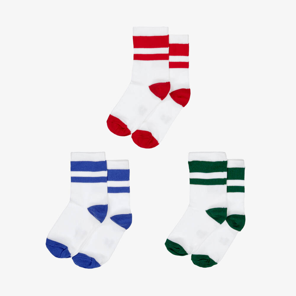Petit Bateau-Boys White & Multi Stripe Cotton Socks (3 Pack) | Childrensalon