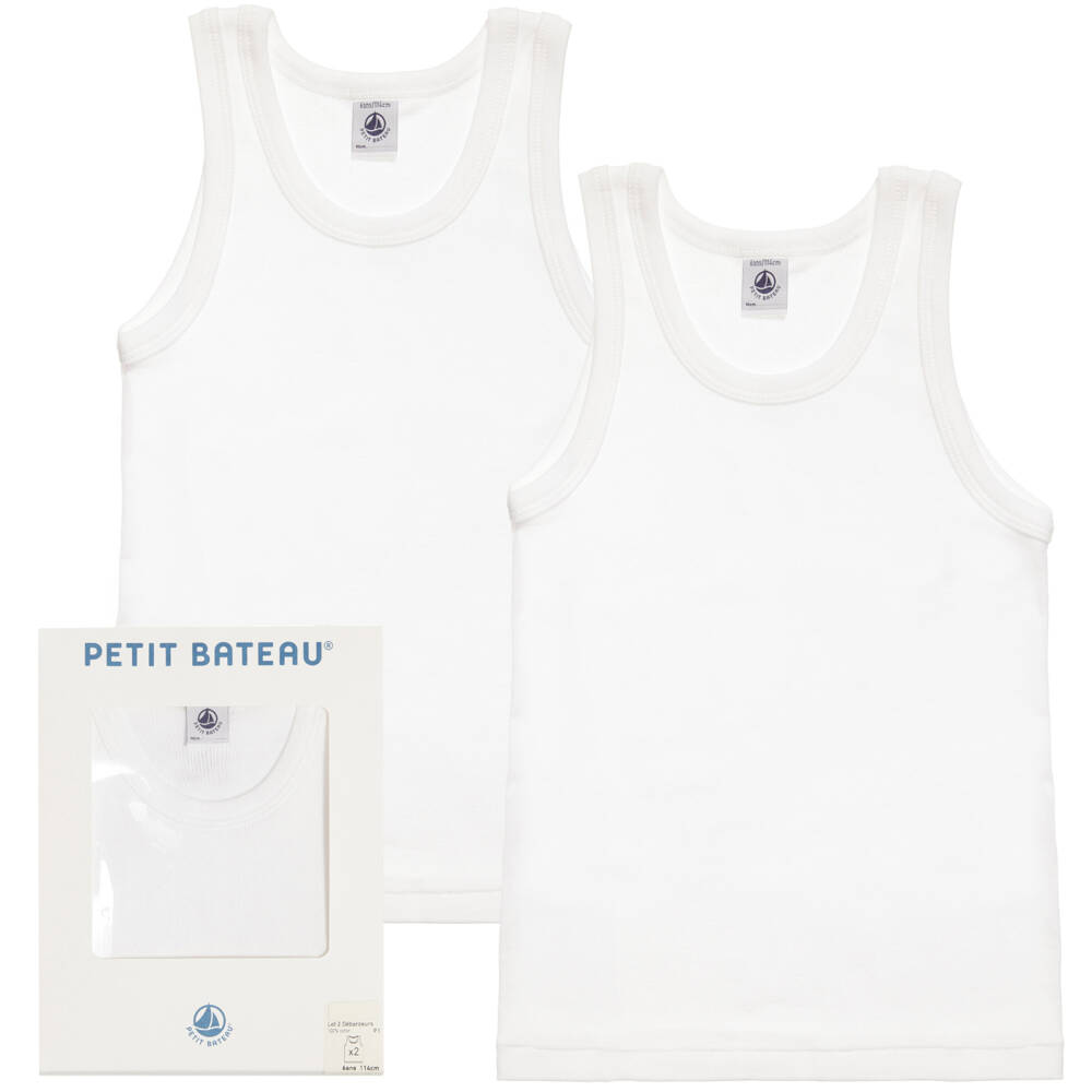 Petit Bateau-Boys White Organic Cotton Sleeveless Vests (2 Pack) | Childrensalon