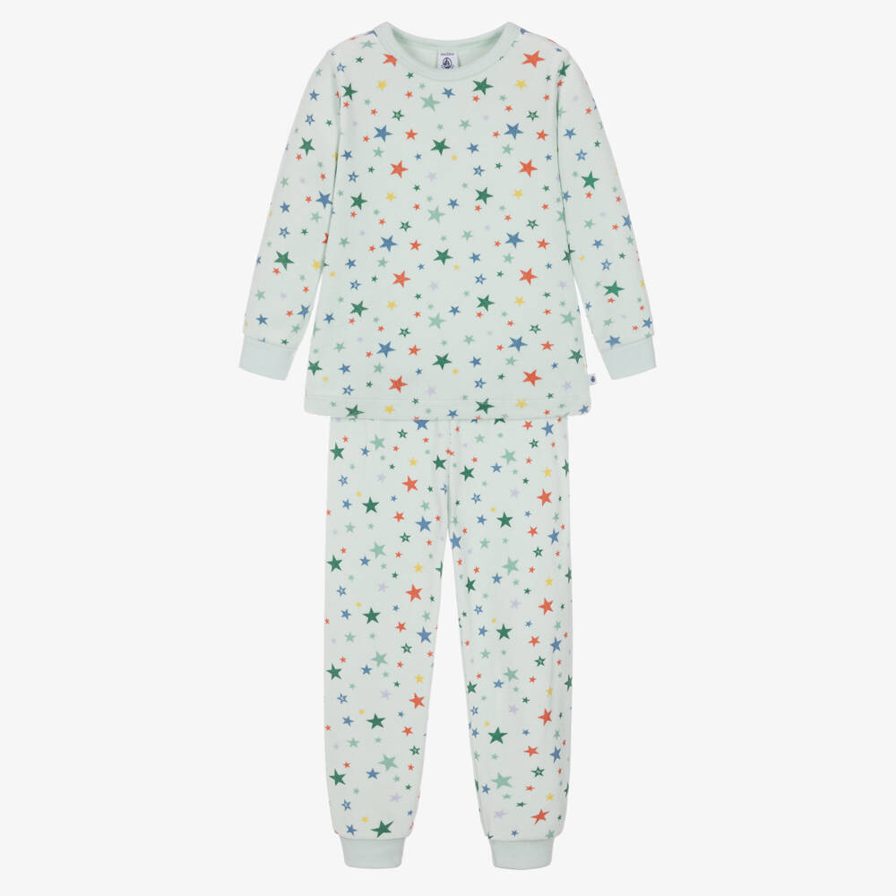 Petit Bateau-Cyan Blue Cotton Velour Pyjamas with Star Print | Childrensalon