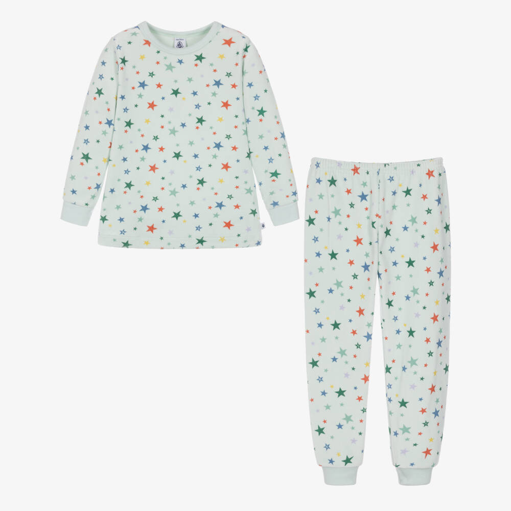 Petit Bateau-Cyan Blue Cotton Velour Pyjamas with Star Print | Childrensalon