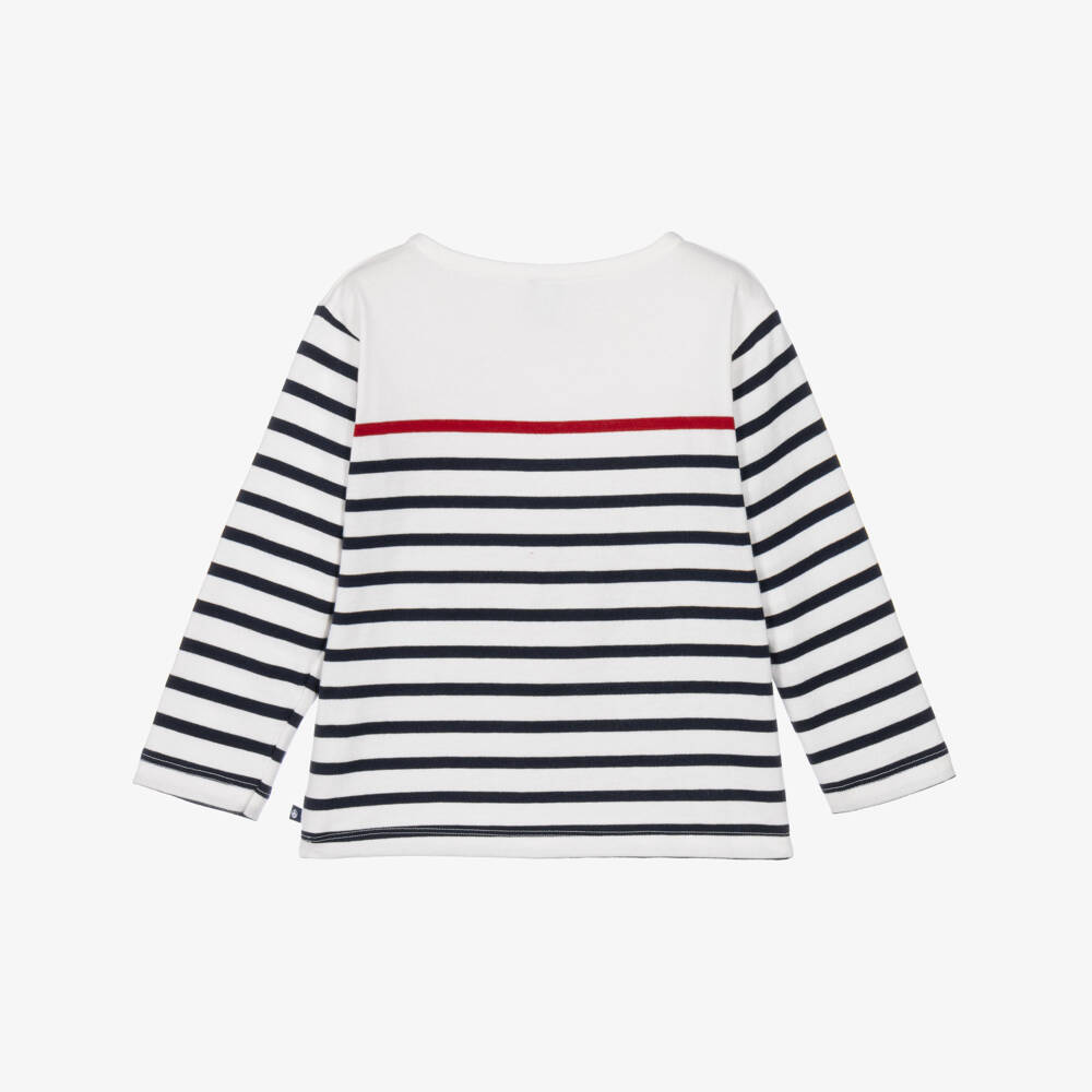 Petit Bateau-Girls Blue Breton Stripe & Bow Cotton Top | Childrensalon
