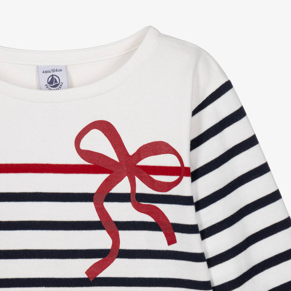 Petit Bateau-Girls Blue Breton Stripe & Bow Cotton Top | Childrensalon