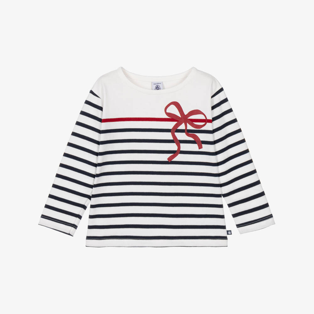 Petit Bateau-Girls Blue Breton Stripe & Bow Cotton Top | Childrensalon