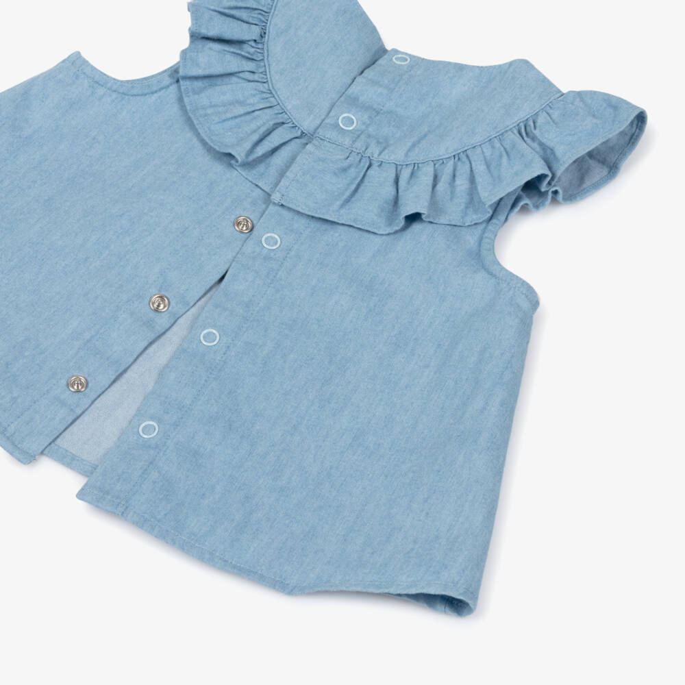 Petit Bateau-Блузка синяя из шамбре с вышивкой сердца для девочек | Childrensalon