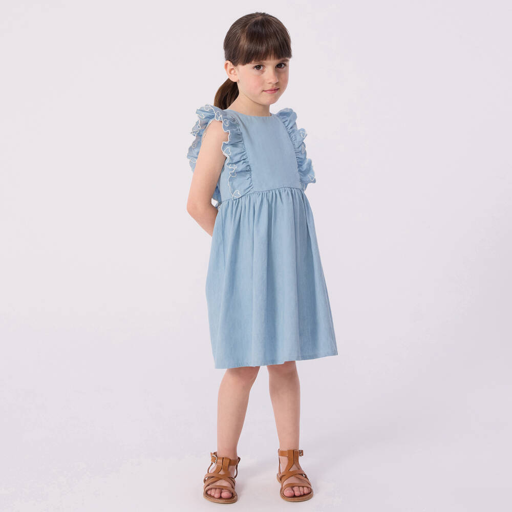 Petit Bateau-Girls Blue Chambray Sleeveless Dress with Ruffles | Childrensalon