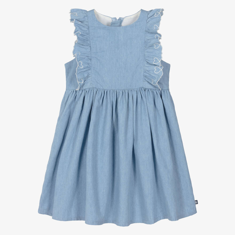 Petit Bateau-Платье без рукавов с рюшами из синего шамбре для девочек | Childrensalon