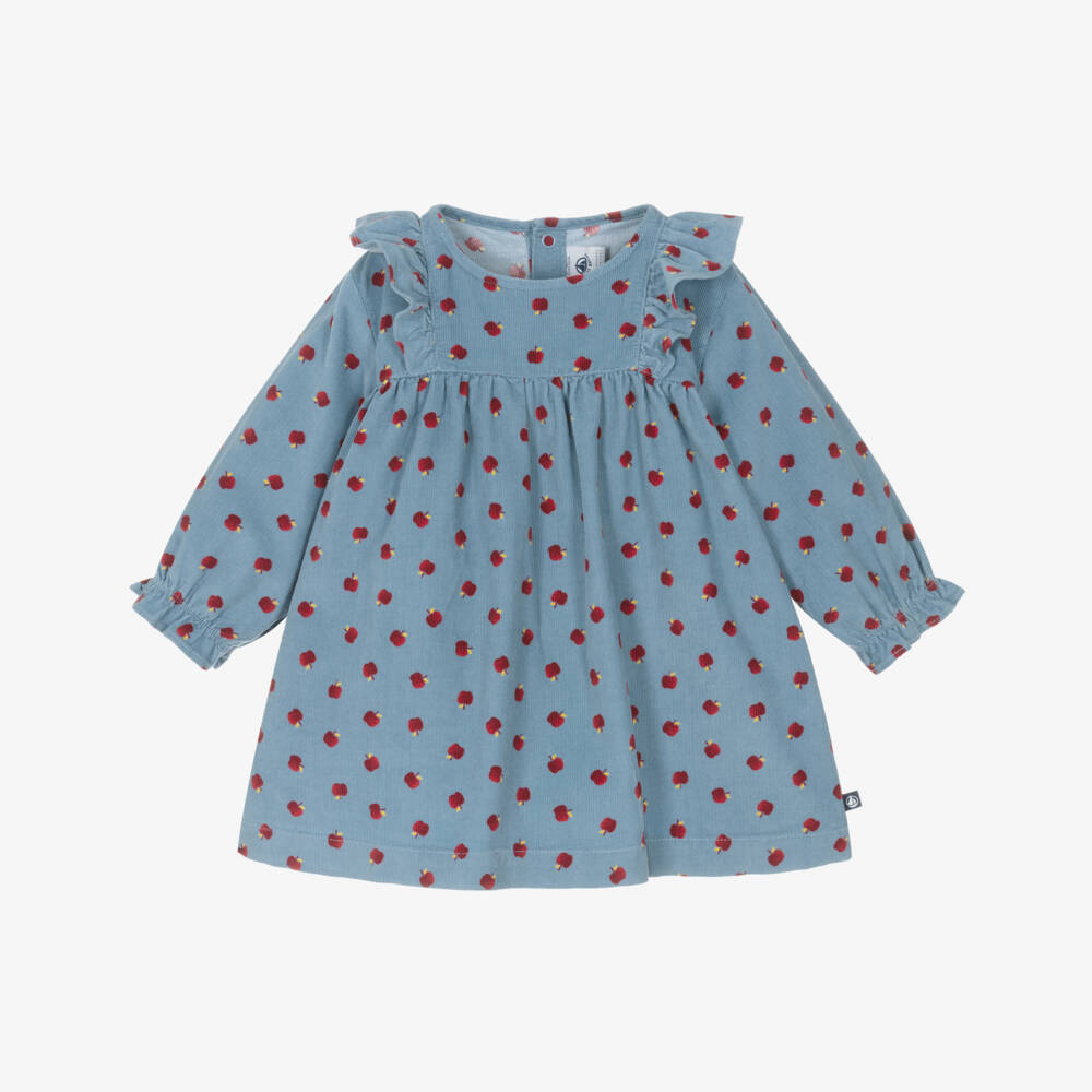 Petit Bateau-Girls Blue Corduroy Dress with Red Apple Print | Childrensalon