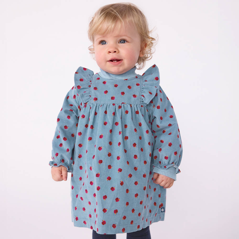 Petit Bateau-Girls Blue Corduroy Dress with Red Apple Print | Childrensalon