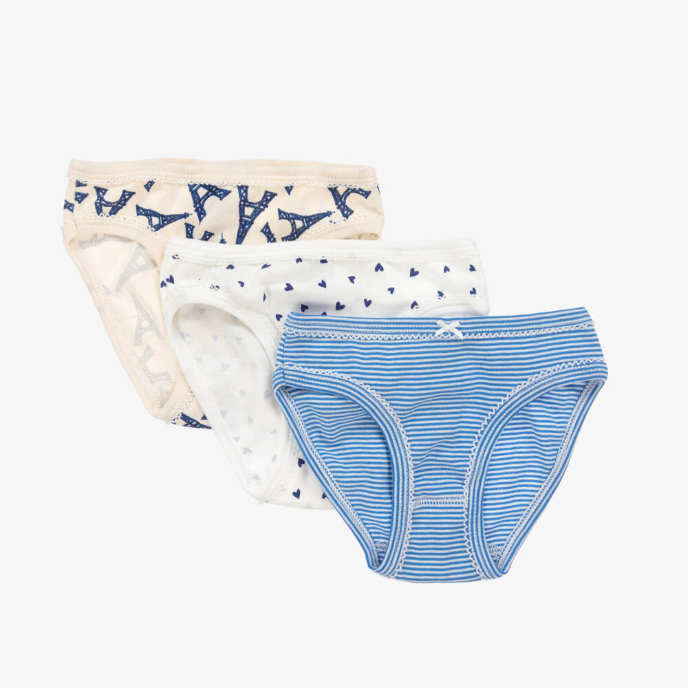 Children Kinickers Petit Bateau - Girls Blue Cotton Knickers (3 Pack) | Childrensalon