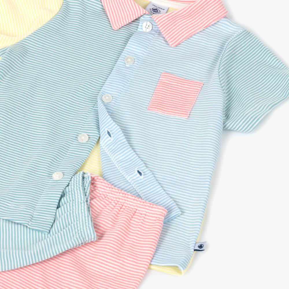 Petit Bateau-Girls Blue & Green Striped Cotton Short Pyjamas | Childrensalon