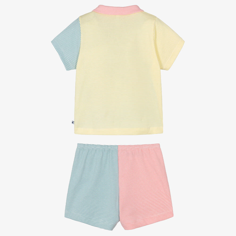 Petit Bateau-Girls Blue & Green Striped Cotton Short Pyjamas | Childrensalon