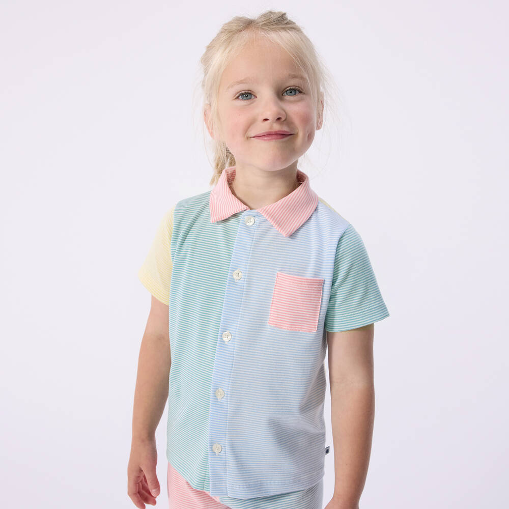 Petit Bateau-Girls Blue & Green Striped Cotton Short Pyjamas | Childrensalon