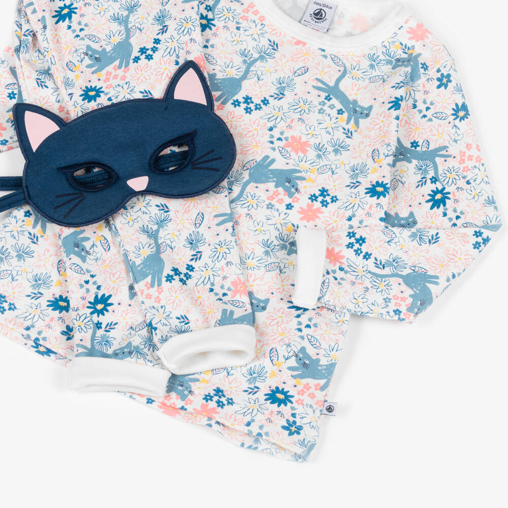 Petit Bateau-Girls Blue & Pink Cotton Floral Print Pyjamas with Cat Mask | Childrensalon