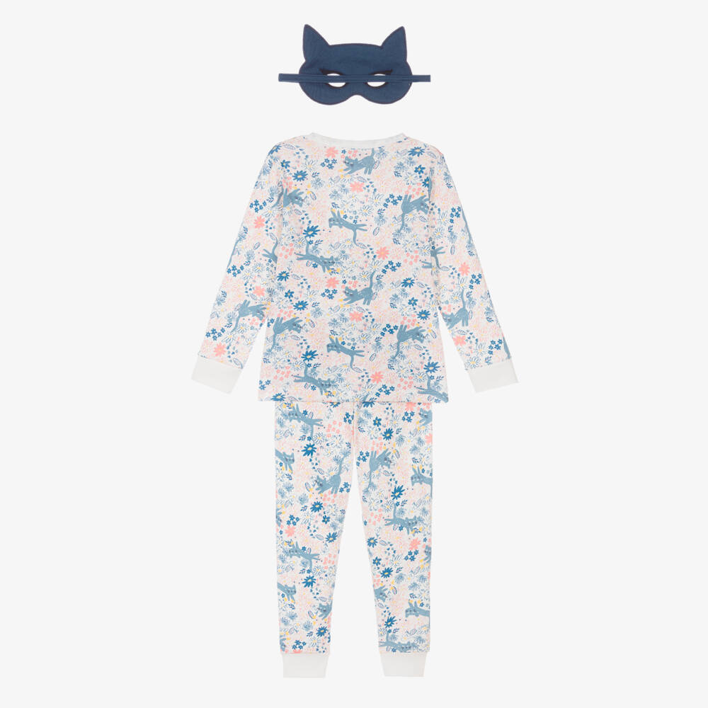 Petit Bateau-Girls Blue & Pink Cotton Floral Print Pyjamas with Cat Mask | Childrensalon