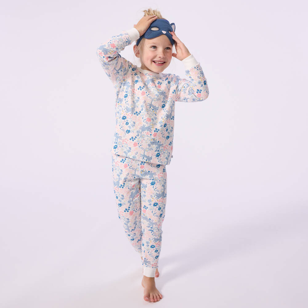 Petit Bateau-Girls Blue & Pink Cotton Floral Print Pyjamas with Cat Mask | Childrensalon