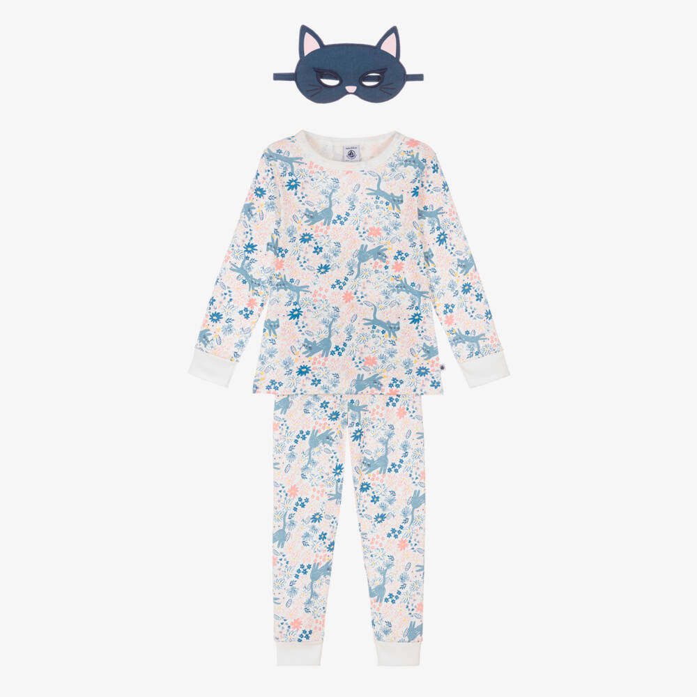 Petit Bateau-Girls Blue & Pink Cotton Floral Print Pyjamas with Cat Mask | Childrensalon