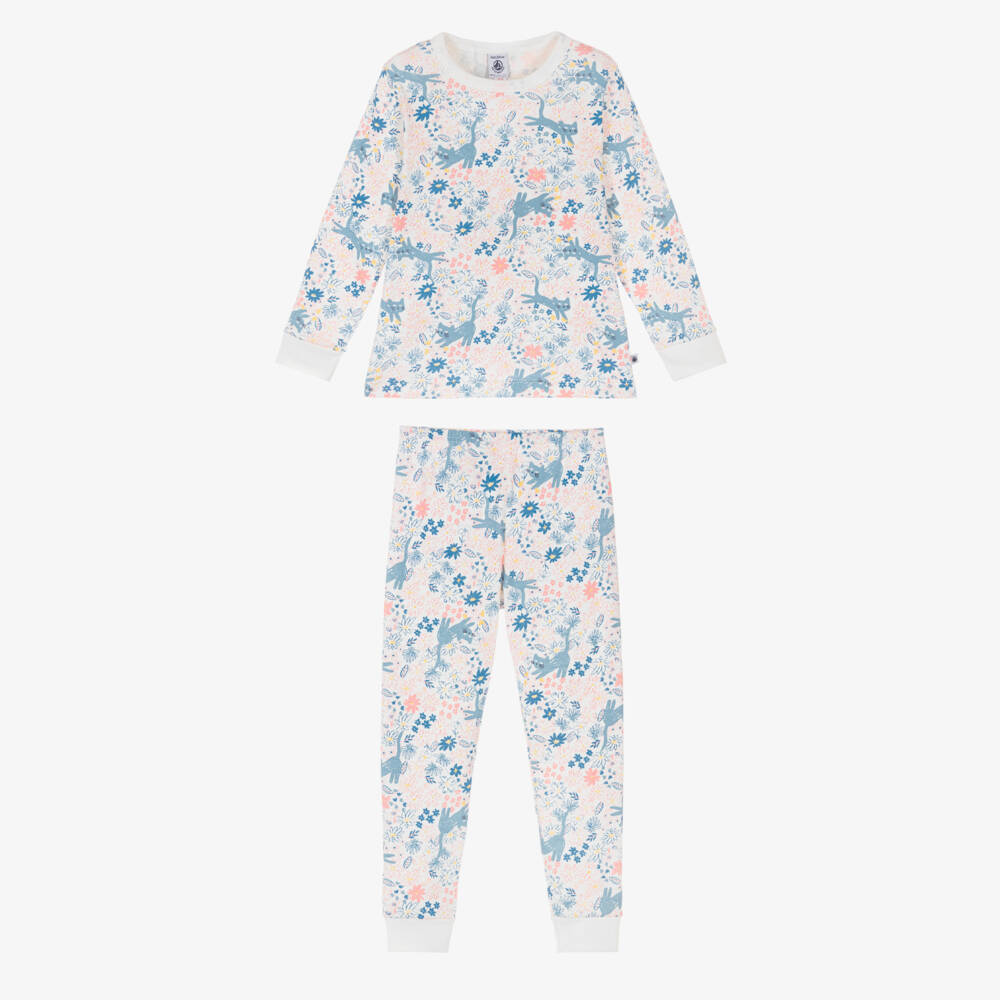 Petit Bateau-Girls Blue & Pink Cotton Floral Print Pyjamas with Cat Mask | Childrensalon