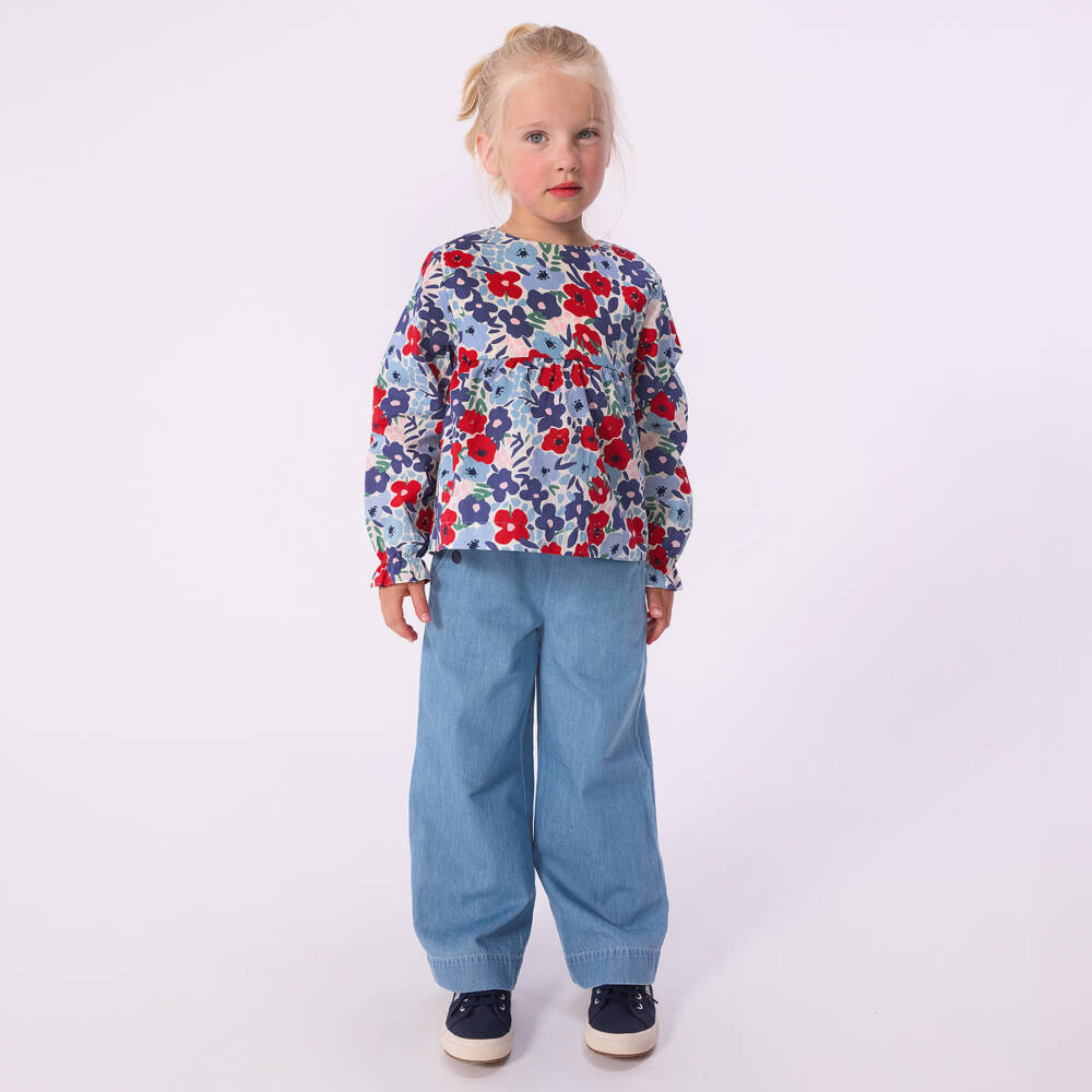 Petit Bateau-Girls Blue & Red Floral Print Cotton Blouse | Childrensalon