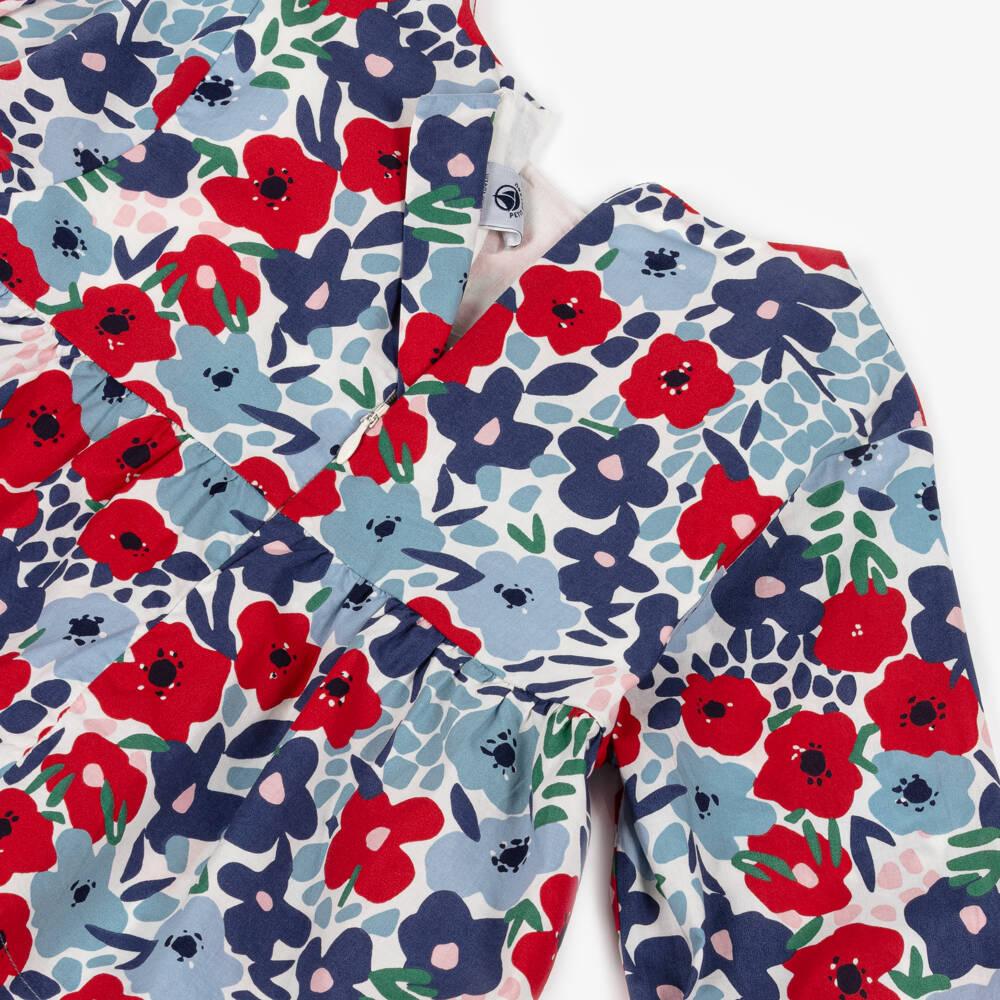 Petit Bateau-Girls Blue & Red Floral Print Cotton Blouse | Childrensalon