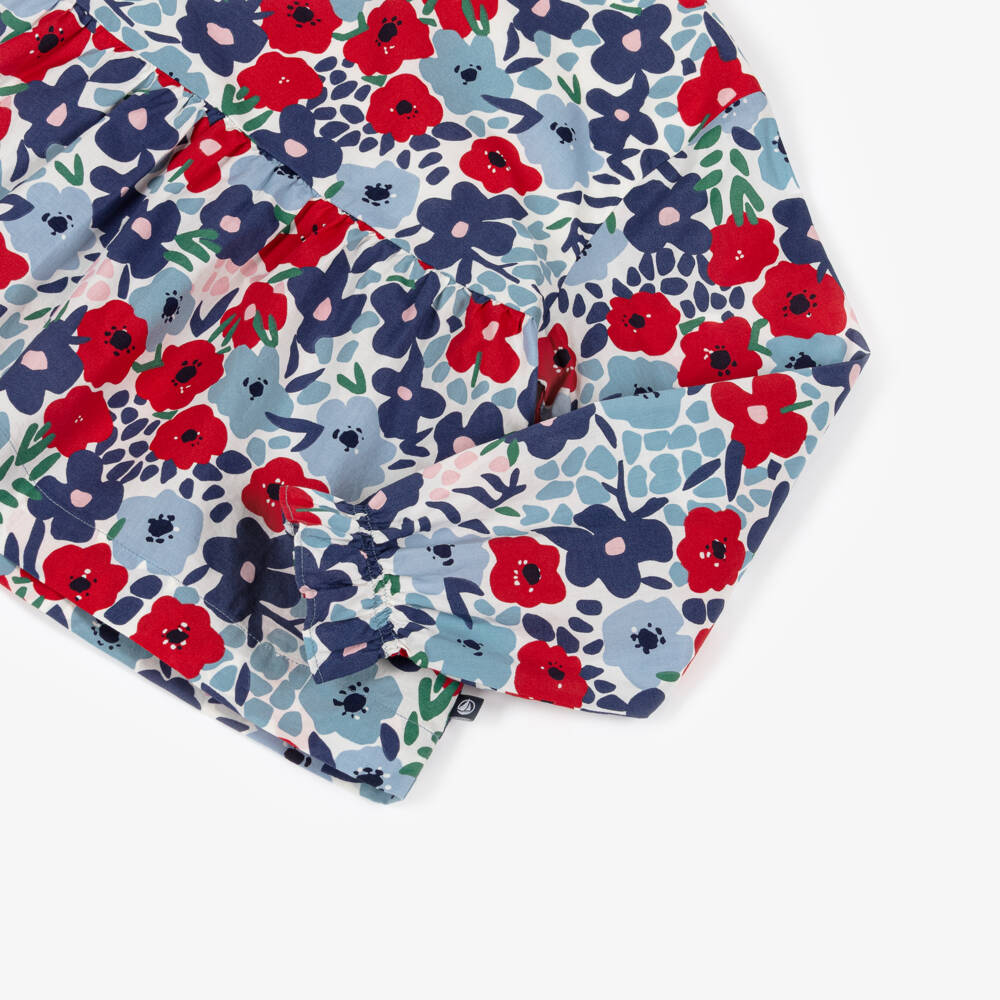 Petit Bateau-Girls Blue & Red Floral Print Cotton Blouse | Childrensalon