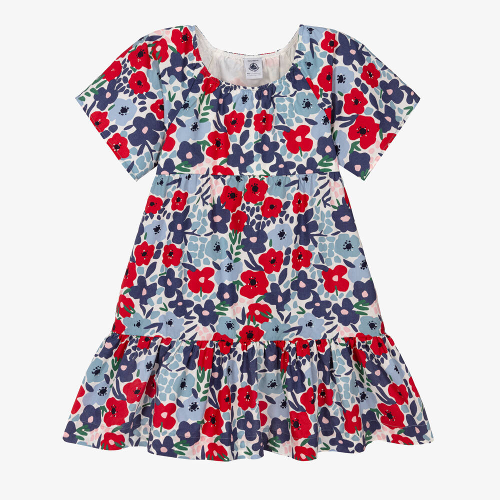 Petit Bateau-Girls Blue & Red Floral Print Cotton Dress | Childrensalon