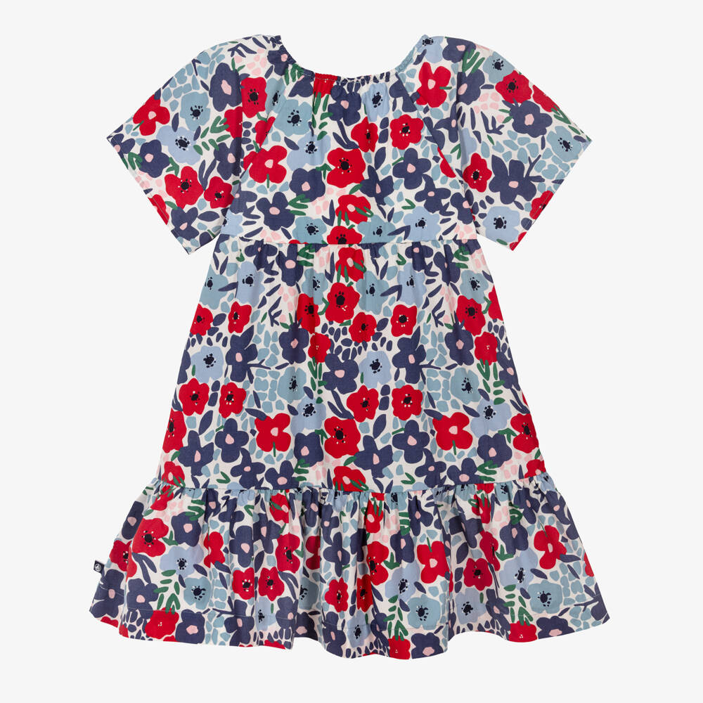 Petit Bateau-Girls Blue & Red Floral Print Cotton Dress | Childrensalon