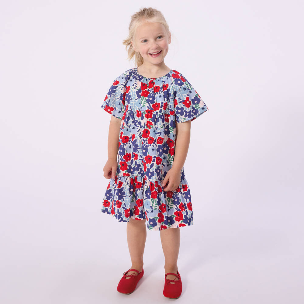 Petit Bateau-Girls Blue & Red Floral Print Cotton Dress | Childrensalon