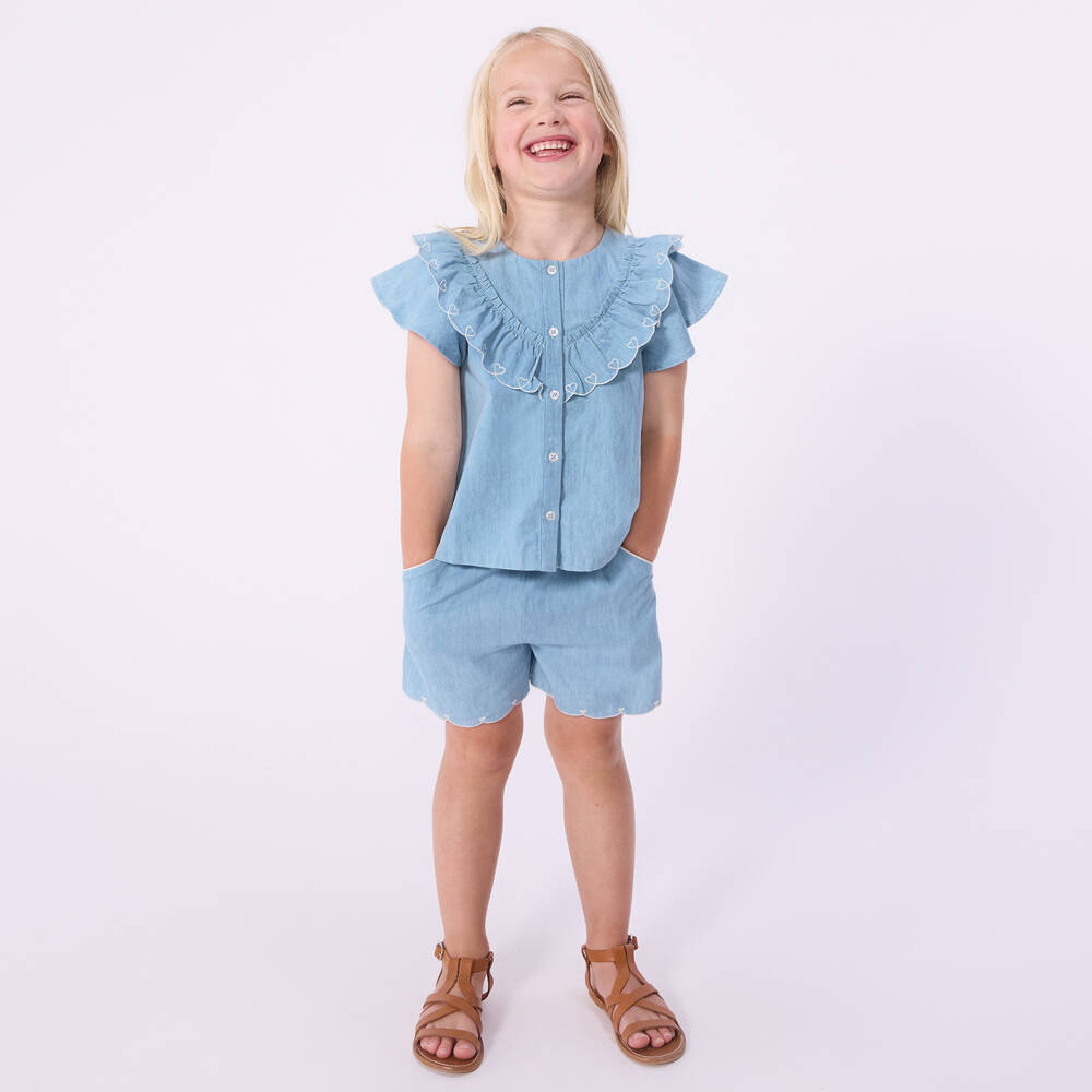 Petit Bateau-شورت شامبراي مزين بقلوب مطرزة لون أزرق للبنات | Childrensalon