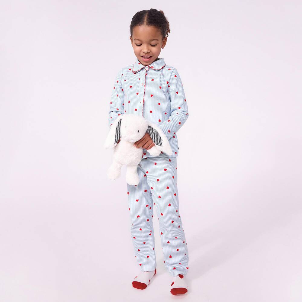 Petit Bateau-Girls Blue Stripes & Red Hearts Cotton Pyjamas | Childrensalon