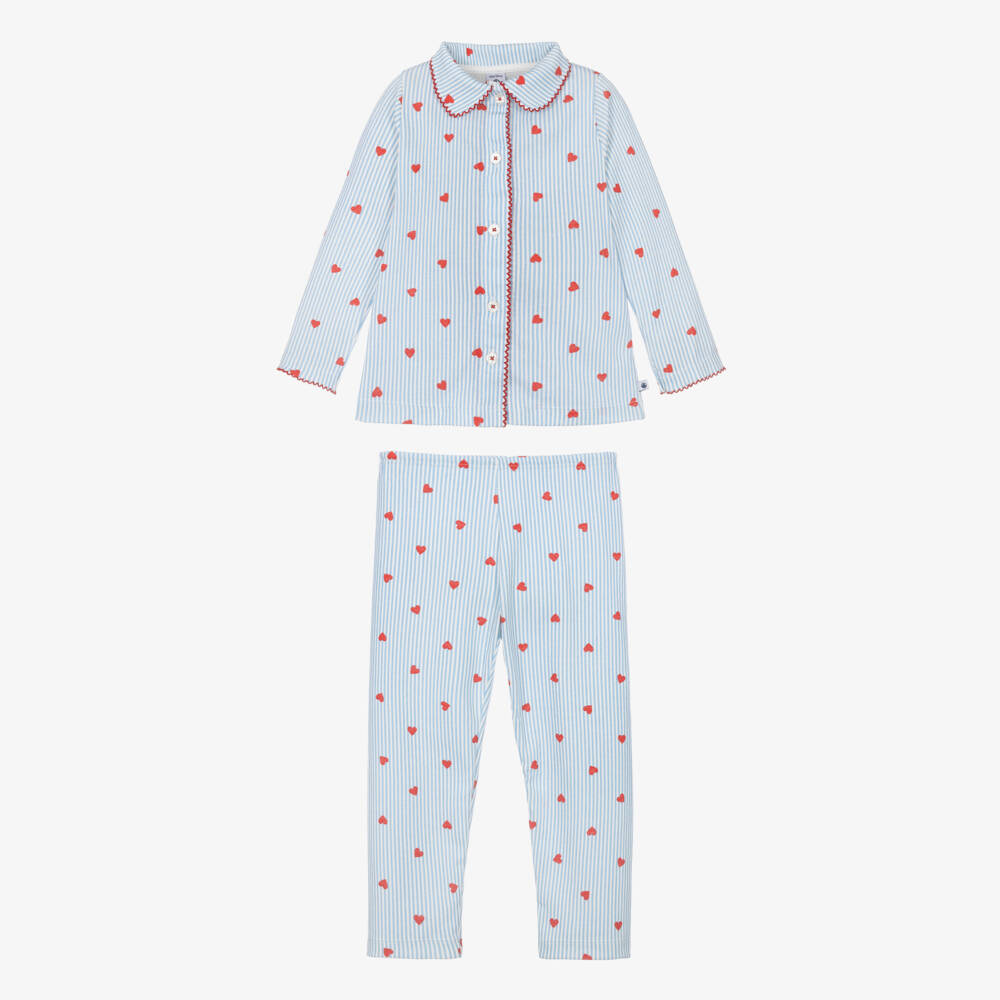 Petit Bateau-Girls Blue Stripes & Red Hearts Cotton Pyjamas | Childrensalon