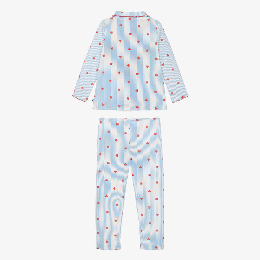 Petit Bateau-Girls Blue Stripes & Red Hearts Cotton Pyjamas | Childrensalon