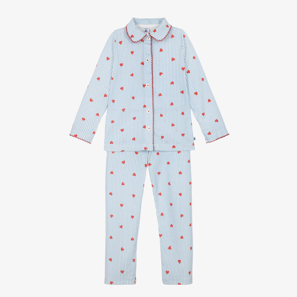 Petit Bateau-Girls Blue Stripes & Red Hearts Cotton Pyjamas  | Childrensalon