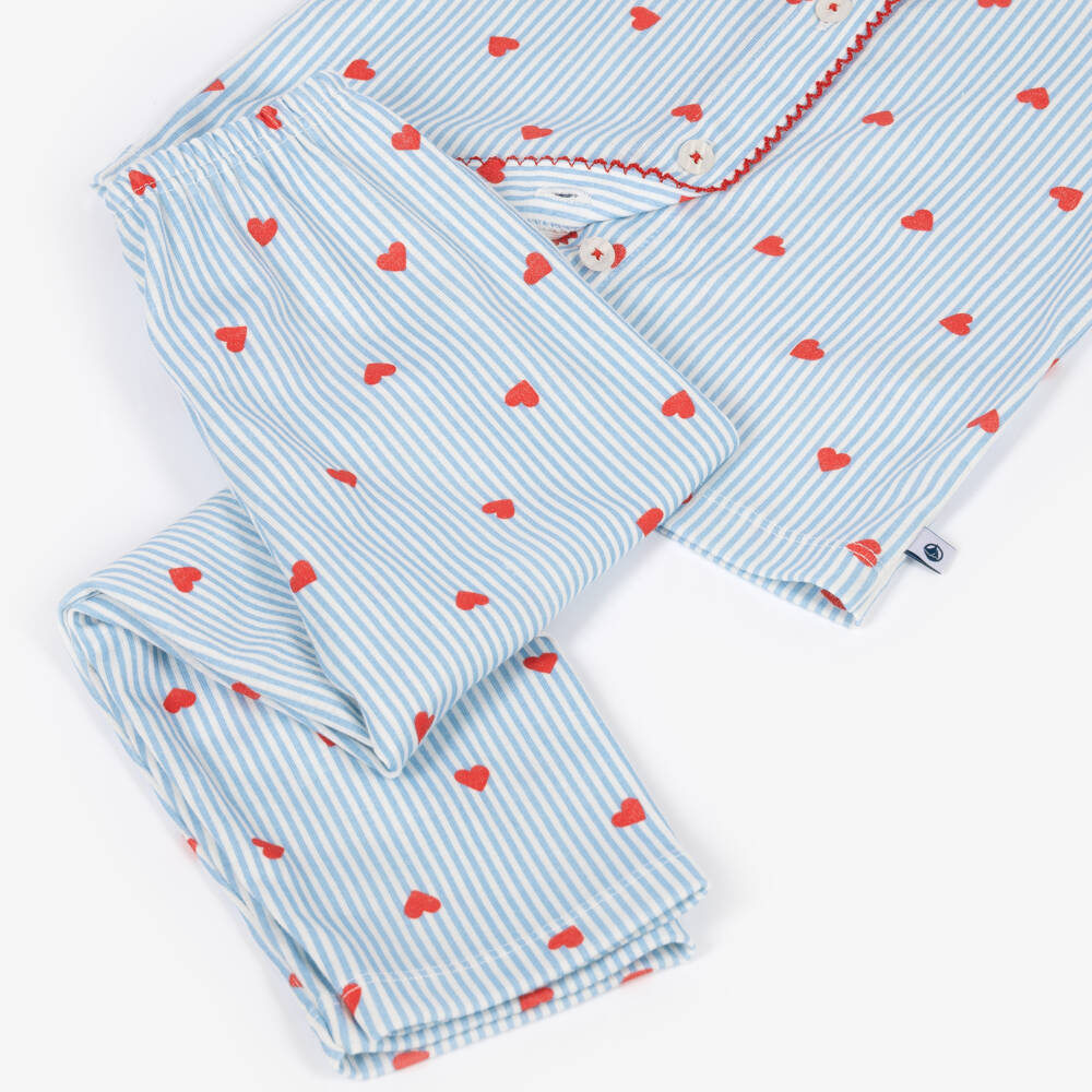Petit Bateau-Girls Blue Stripes & Red Hearts Cotton Pyjamas | Childrensalon