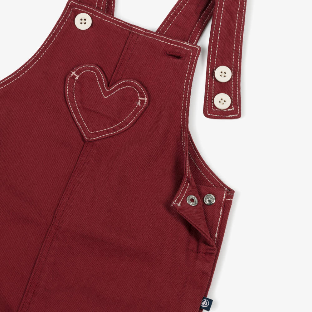 Petit Bateau-Girls Burgundy Red Denim Dungarees | Childrensalon